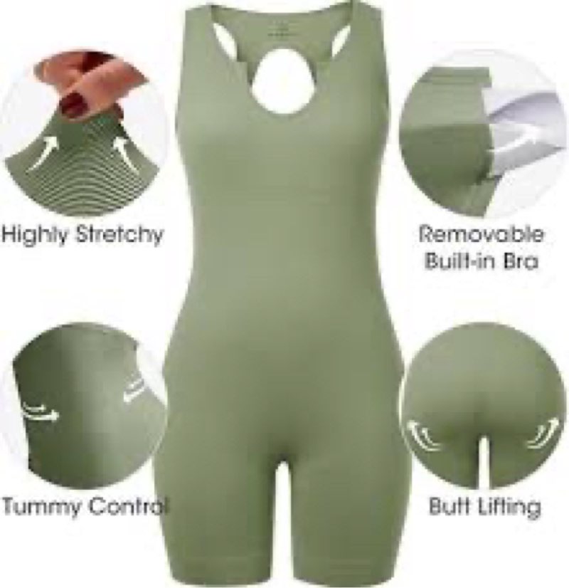 Fisoew Womens One Piece Jumpsuits Racer Back Ribbed U Neck Padded Unitard Backless Tummy Control Bod