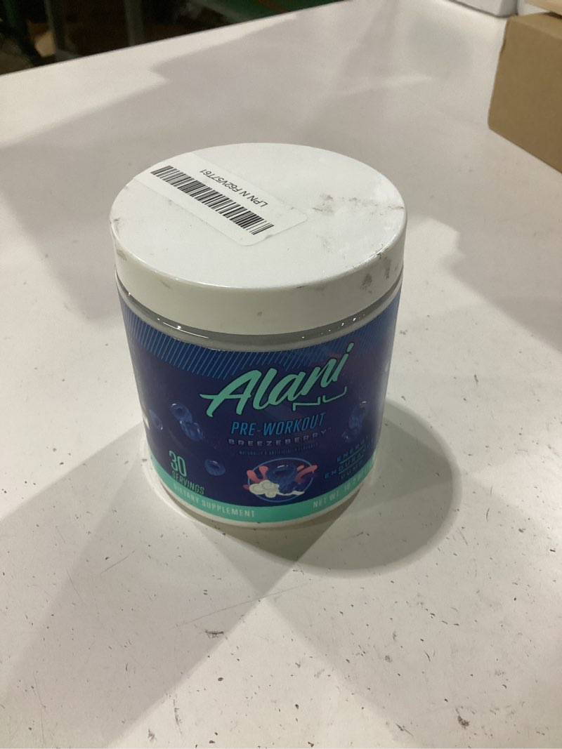 Condition photo showing New/Like New for alani nu pre workout powder breezeberry, amino energy boost, endurance supplement, sugar free, 200mg caffeine, l-theanine, beta-alanine, l-citrulline, 30 servings