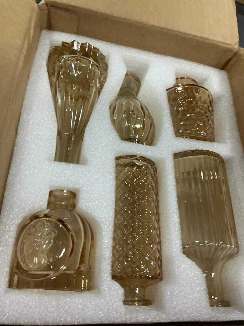 Condition photo showing New/Like New for tbwind gold amber glass bud vases set of 12, small vases for flowers, champagne mini vintage vases for centerpieces,bud vase in bulk for wedding decor,single flowers,office and home table flower décor amber-12pcs 12pcs