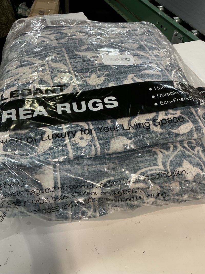 Condition photo showing Good Condition for soalmost 8x10 washable area rugs for living room, vintage floral stain resistant non-slip low pile neutral rug soft throw large carpet for dining room bedroom home office (blue, 8'x10') 8' x 10' (rectangular) blue