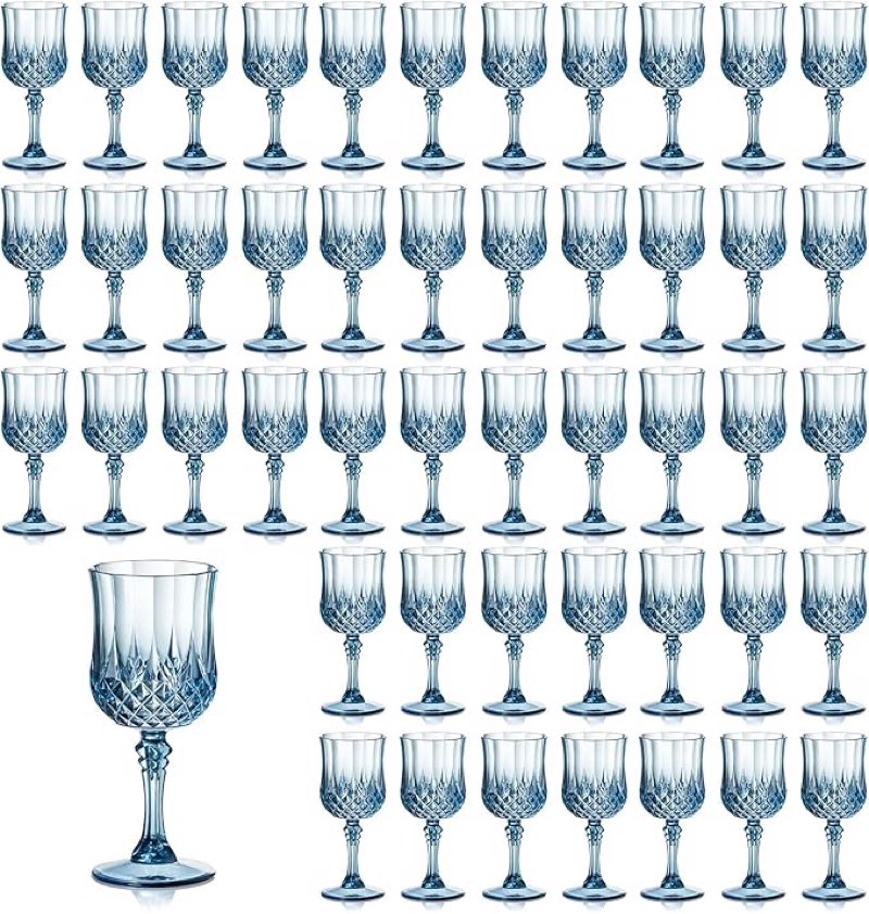 XUWAIDSGN 7oz Plastic Vintage Wine Glasses Drinking Glasses Unbreakable Wedding Glassware Crystal Water Goblets Reusable Drinkware Vintage Champagne Flutes (48, Blue)