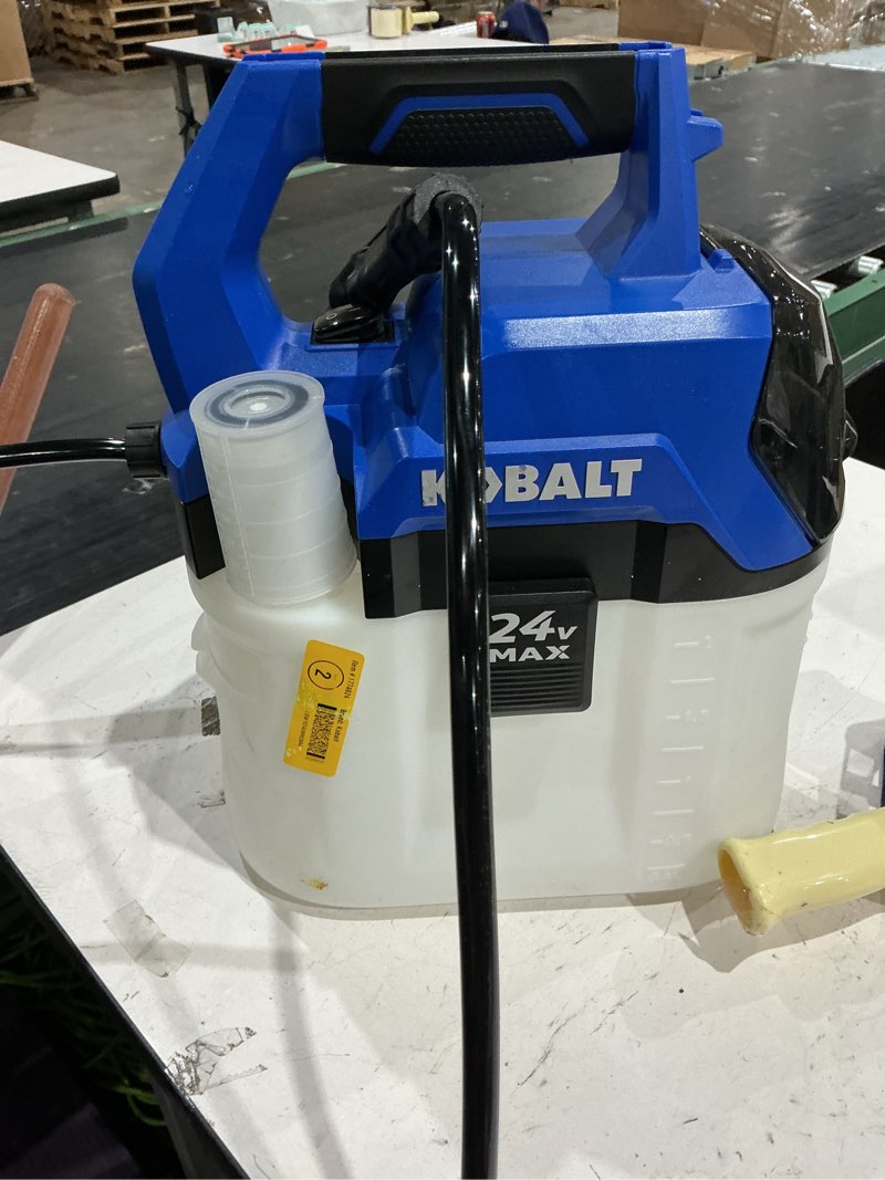 Condition photo showing As Is for kobalt 2.11-gallon 24-volt battery operated plastic handheld sprayer item