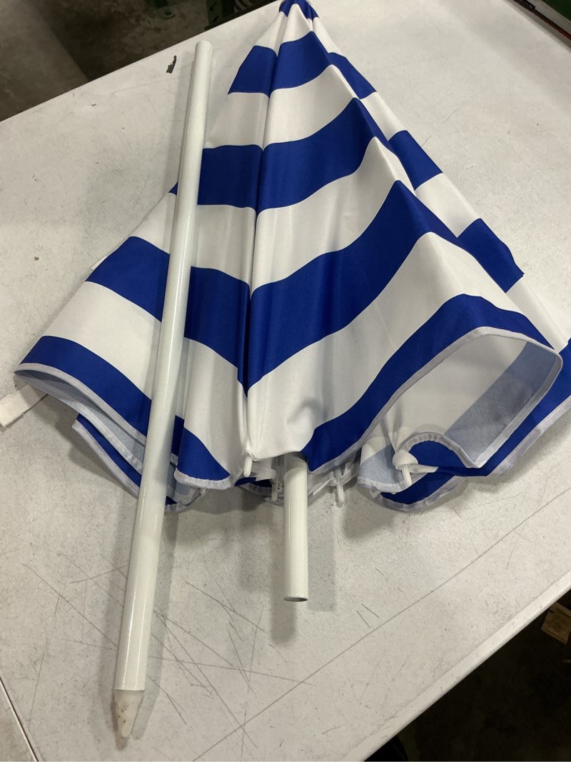 Condition photo showing As Is for 4ft foot parasol beach umbrella blue white sand umbrella inclinable sun parasol striped umbrella with aluminum pole wind proof/waterproof