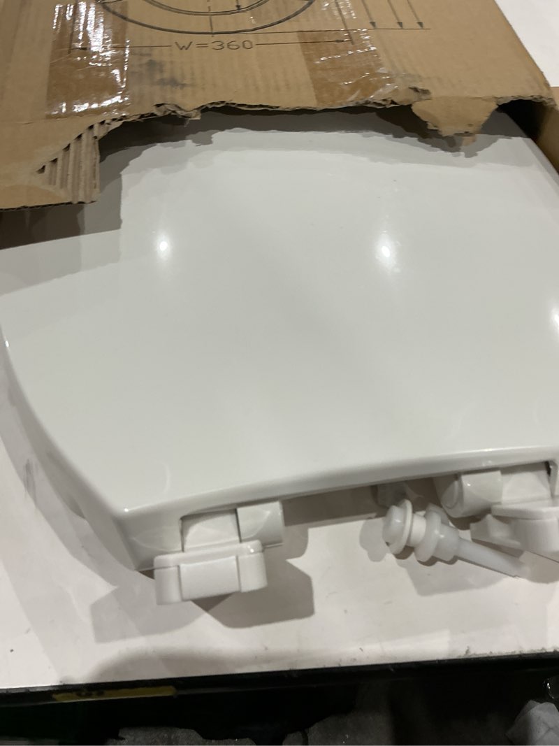 Condition photo showing As Is for jingze round toilet seat with slow close standard toilet seat,quiet toilet cover seat toilet lid durable refused to loosen easy to install & clean,white round 16.5inch white