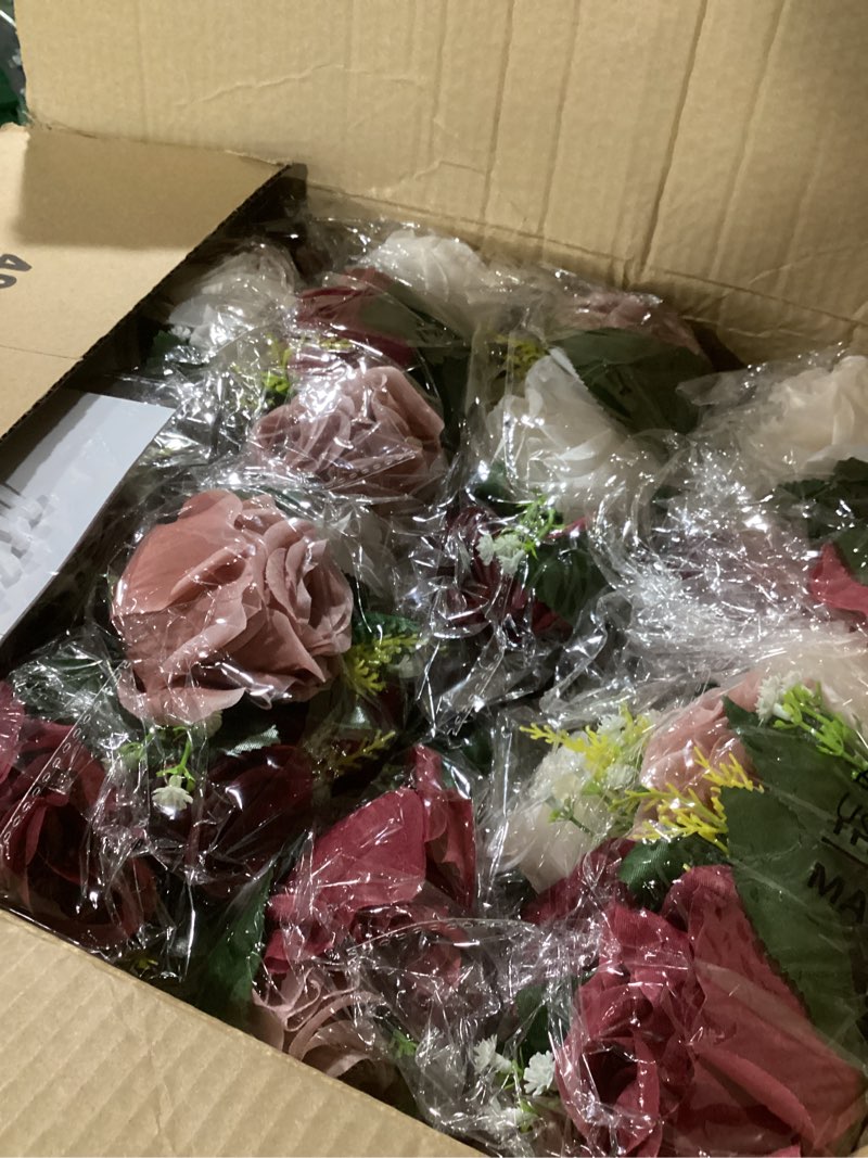 Condition photo showing Good Condition for NUPTIO Artificial Flower Centrepieces for Tables - 10 Pcs Burgundy & Dusty Rose & Creamy White Fake Flowers Roses Balls 9.5in Diam - Silk Faux Rose Arrangement for Wedding Party Table Decor
