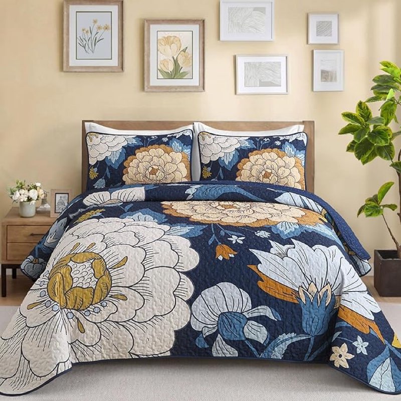 DJY Boho Floral Quilt Set Queen Size Navy Blue 3 Piece Bedspread Coverlet Botanical Farmhouse Quilt 