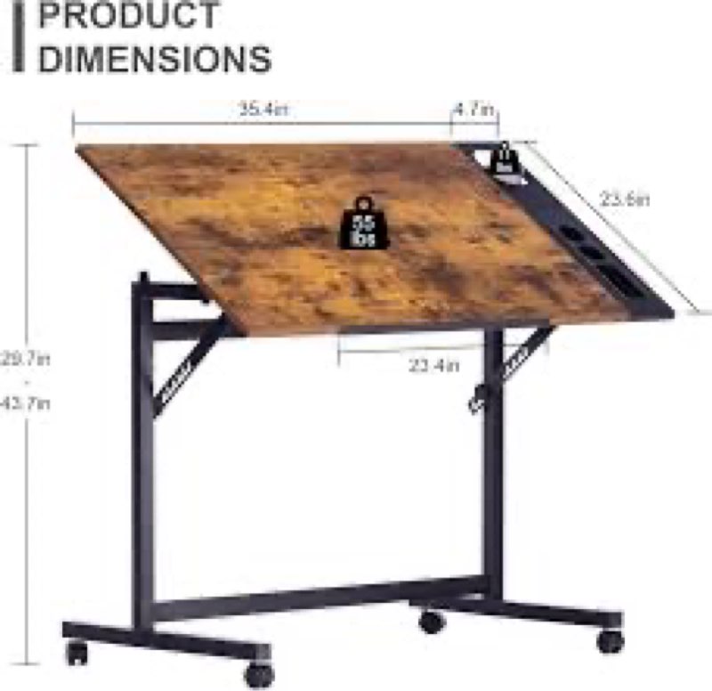 Drawing Drafting Table, Adjustable Tilting Top Art Desk Craft Work Station with Pencil Ledge, Lockable Slide Rolling Wheels for Painting Diamond Reading Writing Study, Rustic Brown