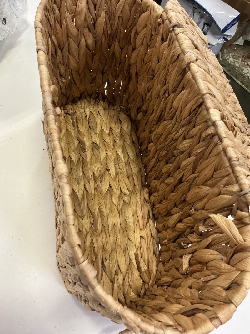 Condition photo showing As Is for narrow wicker toilet paper holder basket with lid, scalloped wicker storage basket with lid,woven curve basket