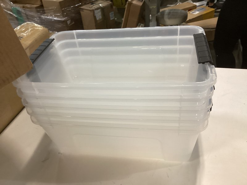 Condition photo showing As Is for ( incomplete) IRIS USA 13 QT Plastic Storage Box with Lid and Latches - 6 Pack - BPA-Free, See-Through Organizing Solution, Durable Nestable Stackable Containers, Secure Pull Handle - Clear Clear 13 Qt 6 Pack