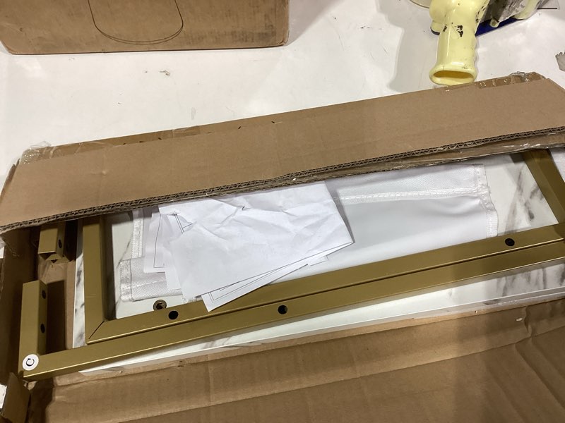 Condition photo showing Good Condition for Yusong Small Narrow Side Table for Small Spaces, 17.7" W Slim End Table Magazine Table Nighstand with Storage Holder, Accent Skinny Snack Couch Bedside Table, Gold White, Complete Iron Pipes White 17.7" W