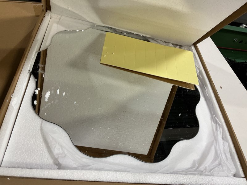 Condition photo showing As Is for Round Wavy Mirror for Wall Decor, 16" Wavy Edge Glass Round Wall Mirror Decorative Hanging/Leaning Mirror Circle for Bathroom, Hallway, Bedroom, Vanity, Livng Room, Entryway, Home, Decor