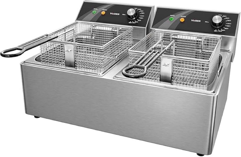 commercial deep fryer stainless steel dual tank electric deep fryer with 2 baskets capacity 2 x 10l electric countertop fryer for restaurant and home use, 120v 3600w