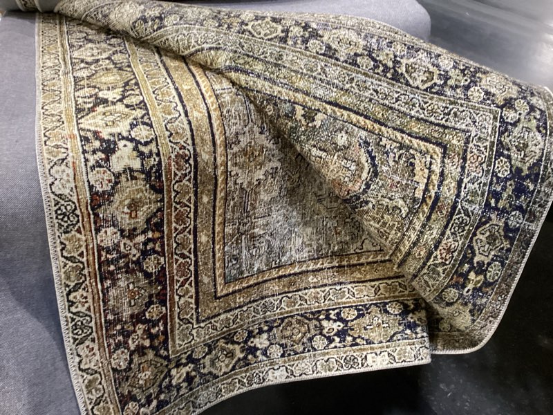 Condition photo showing Good Condition for loloi layla collection lay-03 olive/charcoal 9'-0" x 12'-0" .13" thick area rug, soft, durable, vintage inspired, distressed, low pile, non-shedding, easy clean, printed, living room rug