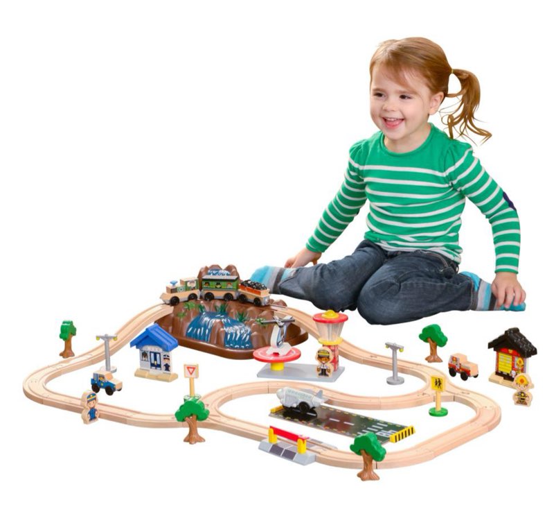 KidKraft Wooden Bucket Top Mountain Train Set with 61 Pieces  Magnetic Train  & Storage