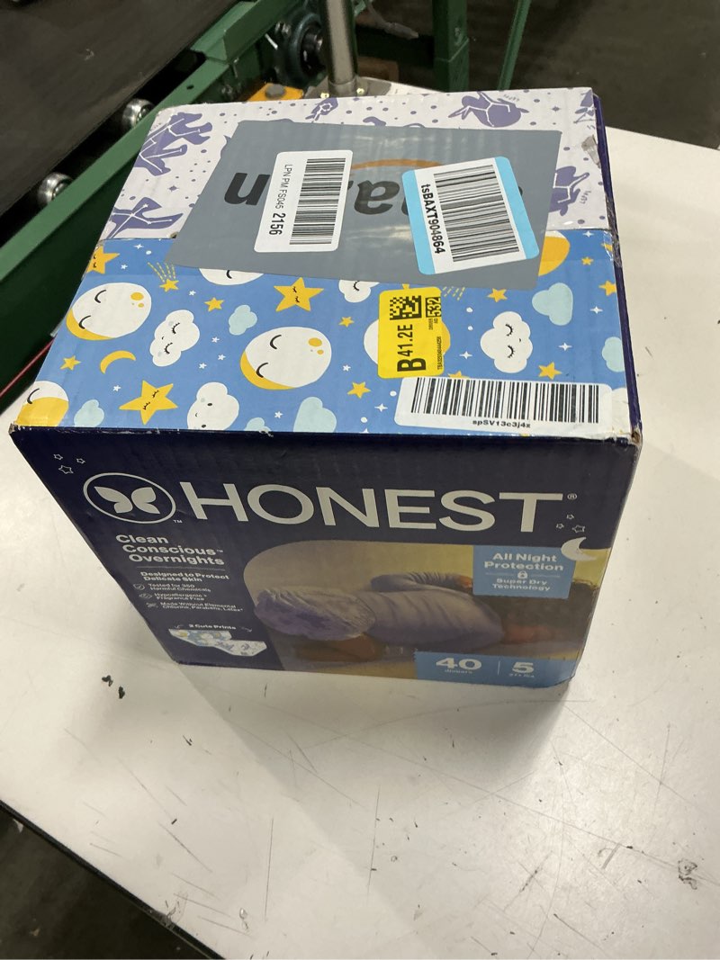 Condition photo showing New/Like New for the honest company comfort dry disposable overnight diapers for sensitive skin, hypoallergenic, baby cozy cloud and star signs design club box size 5 (27 lbs) 40 count size 5 40