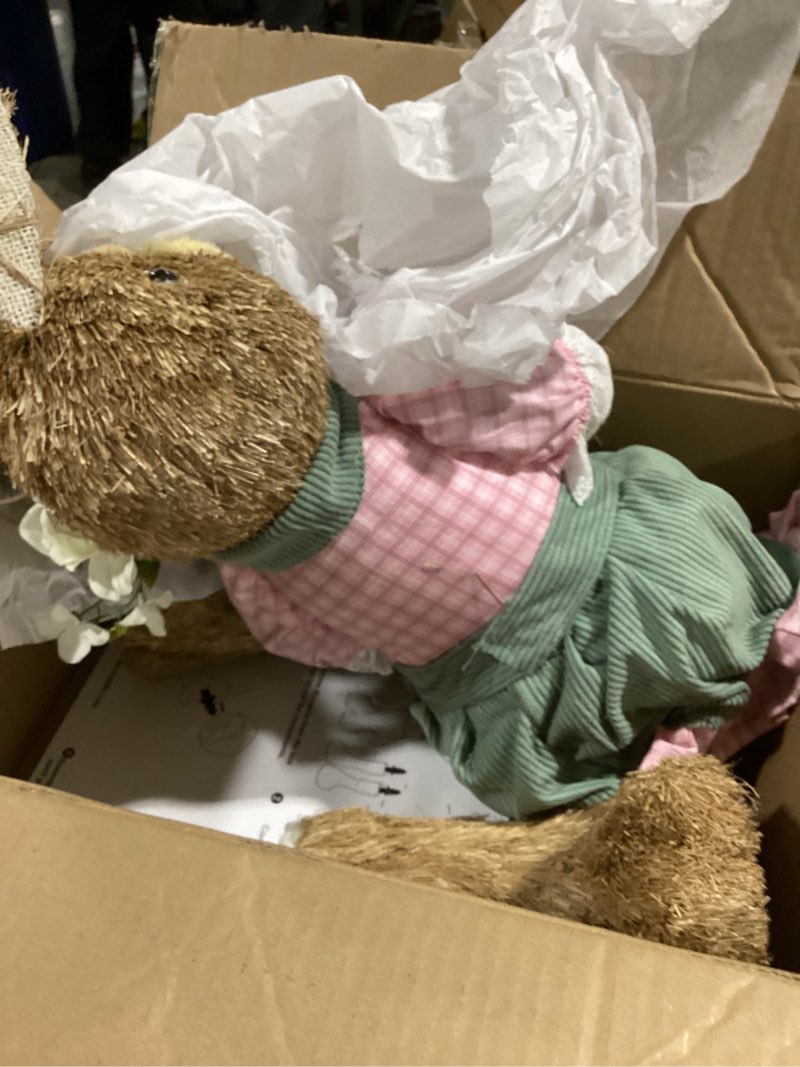 Condition photo showing Good Condition for dr.dudu easter bunny decor, 2.7 ft large bunnies statue outdoor porch decorations with carrot, sisal tall bunny topiary easter standing straw rabbit for indoor garden farmhouse front door spring style 1