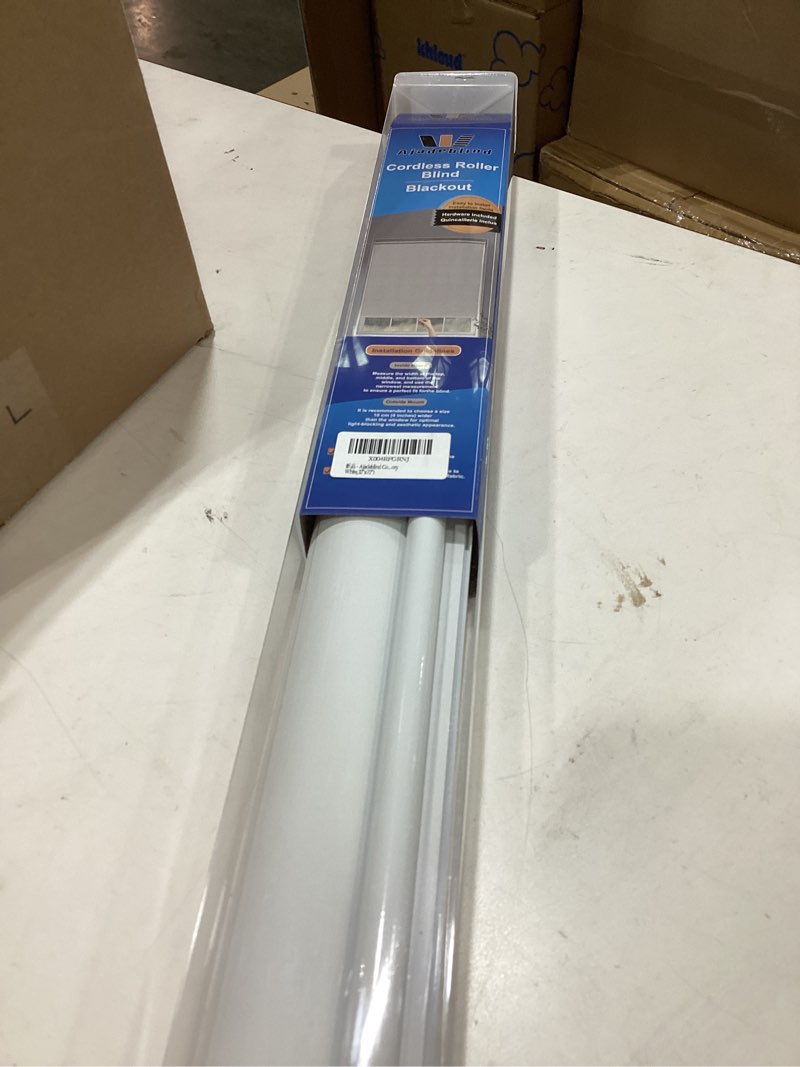 Condition photo showing New/Like New for cordless blackout roller shades for indoor windows – jacquard linen look, thermal uv blocking pull down blinds for bedroom, office, home(linen ivory white,51"x72") linen white 51wx72h