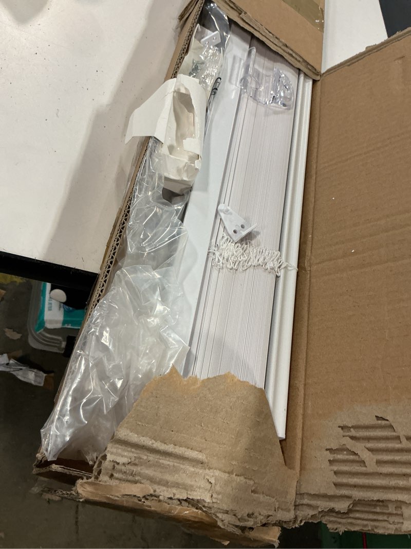 Condition photo showing As Is for No Tools No Drill Cordless Mini Blinds 38" Wx 64" H, 1" L-Shaped Blades, Horizontal Vinyl Blinds for Indoor Windows, White 38x64in