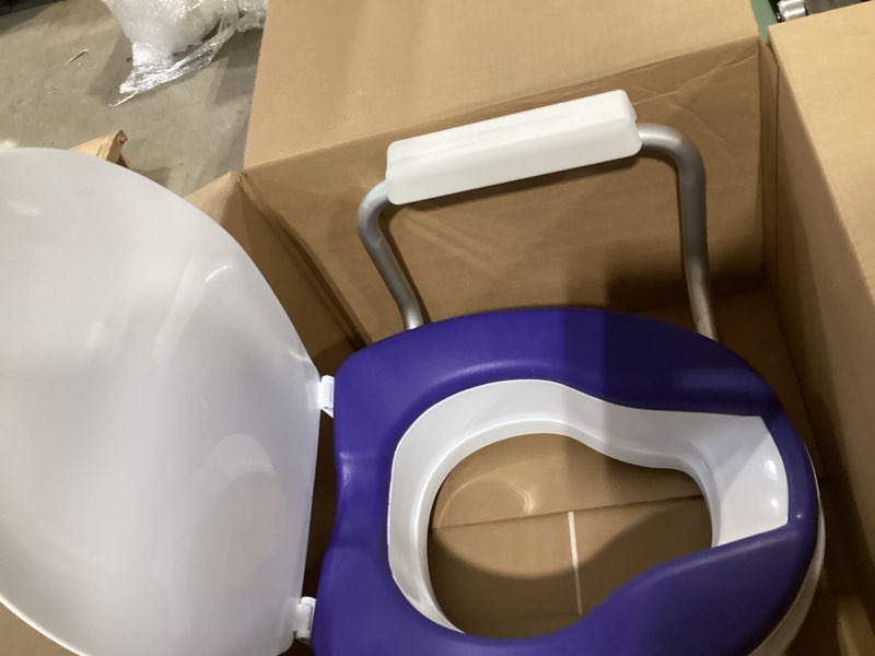 Condition photo showing Good Condition for Raised Toilet Seat Risers for Seniors, Padded Elevated Toilet Seat with Handles for Round Toilets Only, 5 Inch Height, Support to 300 LBS White,blue