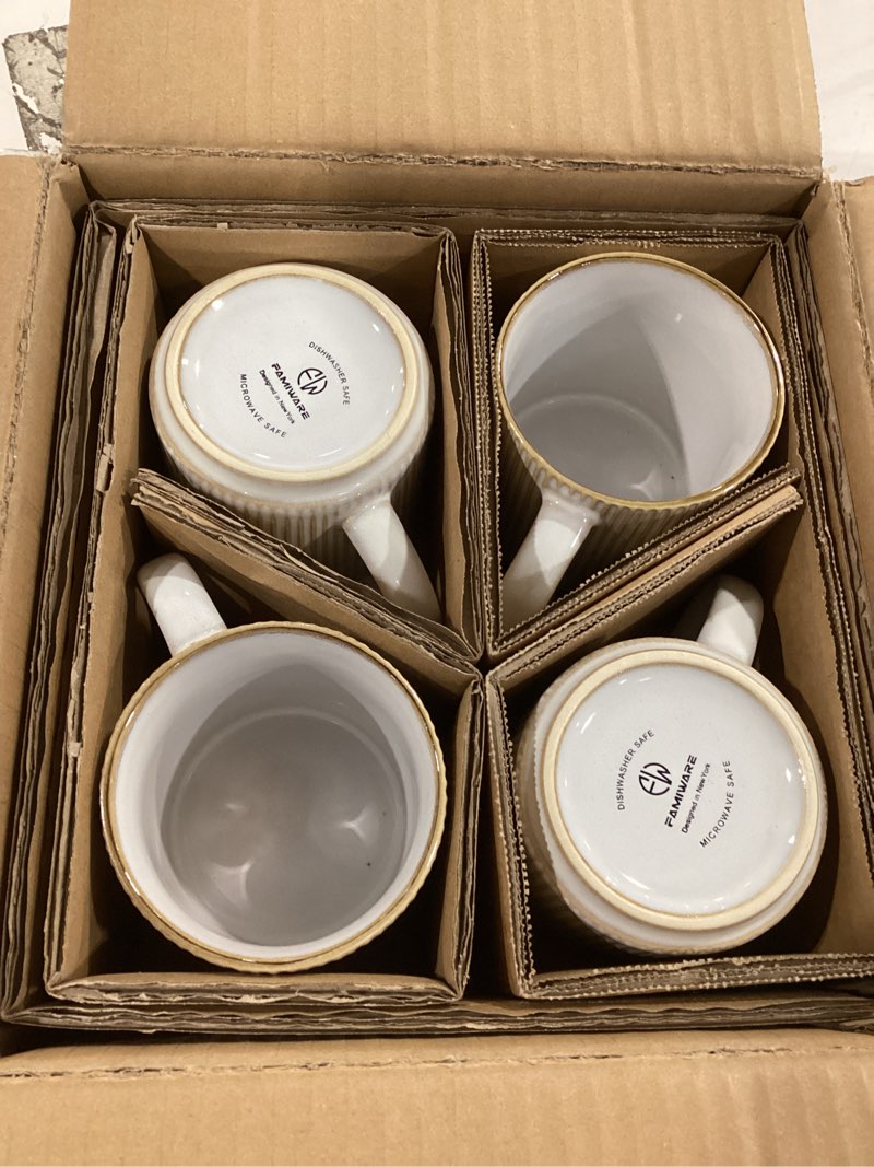 Condition photo showing Good Condition for famiware coffee mug set for 4, star 12 oz catering mugs cup set with handle for coffee, tea, cocoa, milk - ceramic stoneware drinkware set, cappuccino white