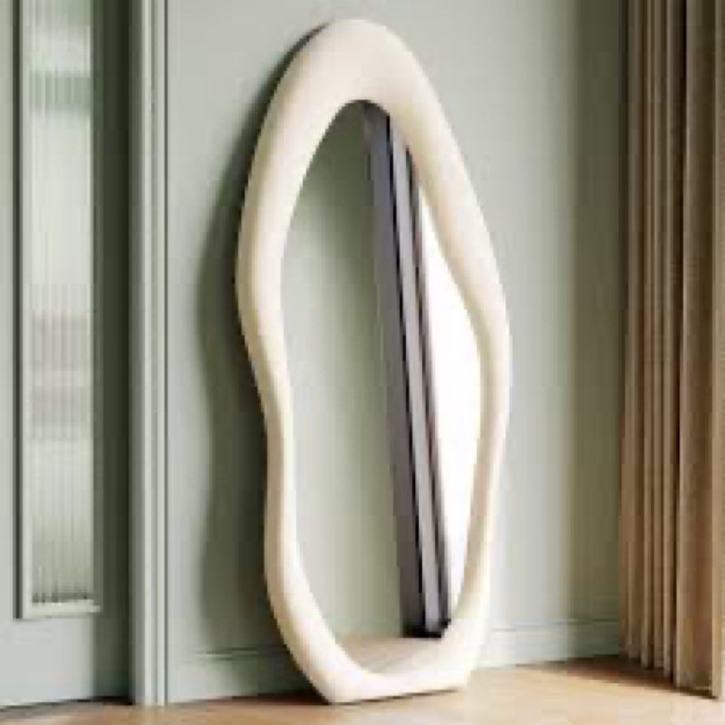 Full Length Mirror 63"X24", Irregular Wavy Mirror, Arched Floor Mirror, Wall Mirror Standing Hanging Or Leaning Against Wall For Bedroom, Flannel Wrapped Wooden Frame Mirror