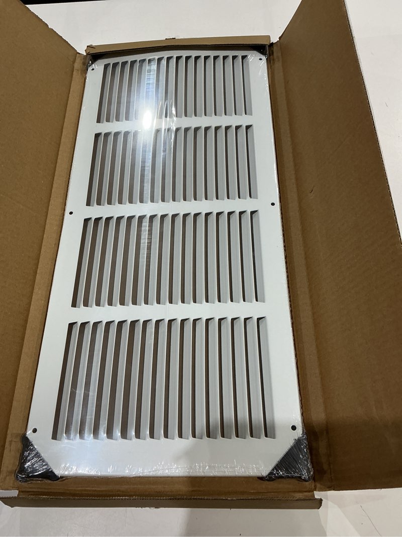 Condition photo showing Good Condition for fits 20x8 duct opening stamped steel return air grille vent cover grille for sidewall and ceiling in white surface dimensions: 21.75"w x 9.75"h (20" w x 8" h duct opening)