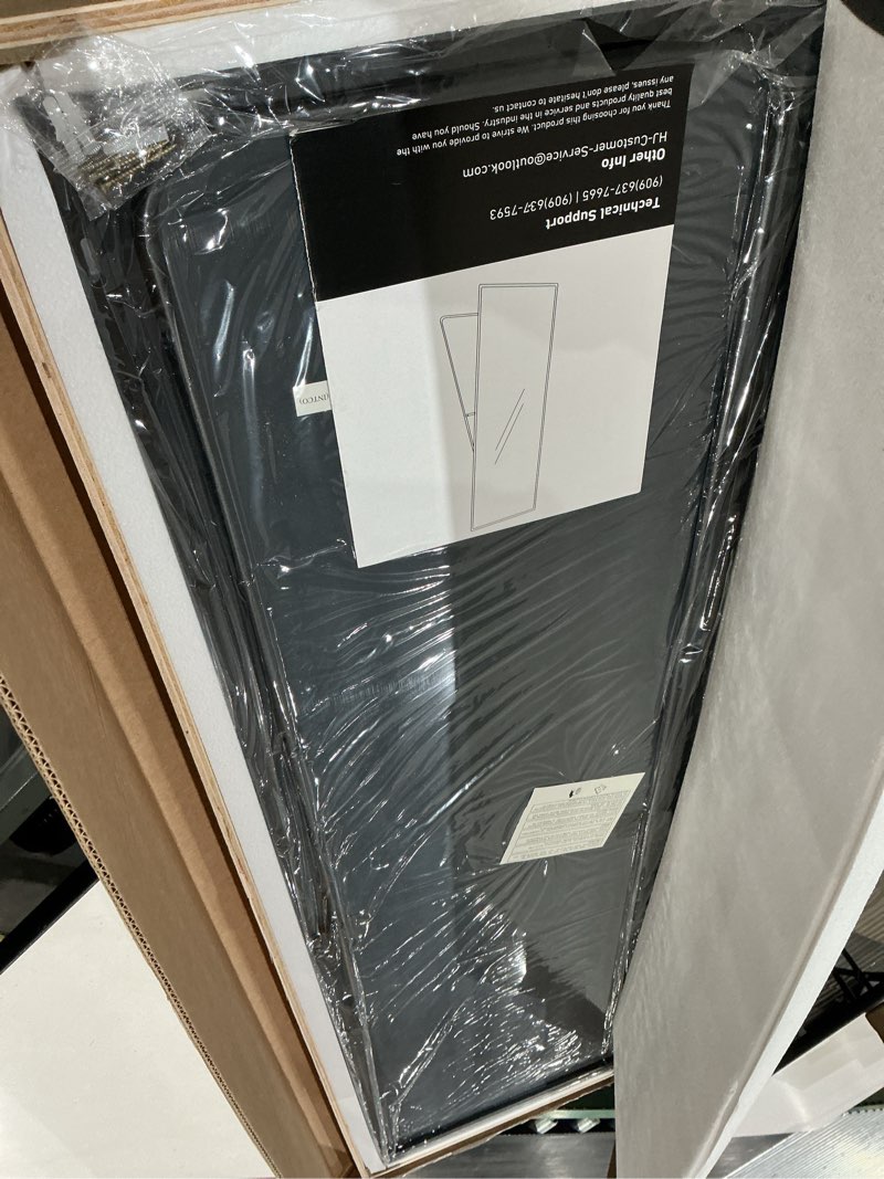 Condition photo showing Good Condition for 16 in. w x 59 in. h aluminum alloy frame black full body floor mirror with floor stand and wall mounted hooks