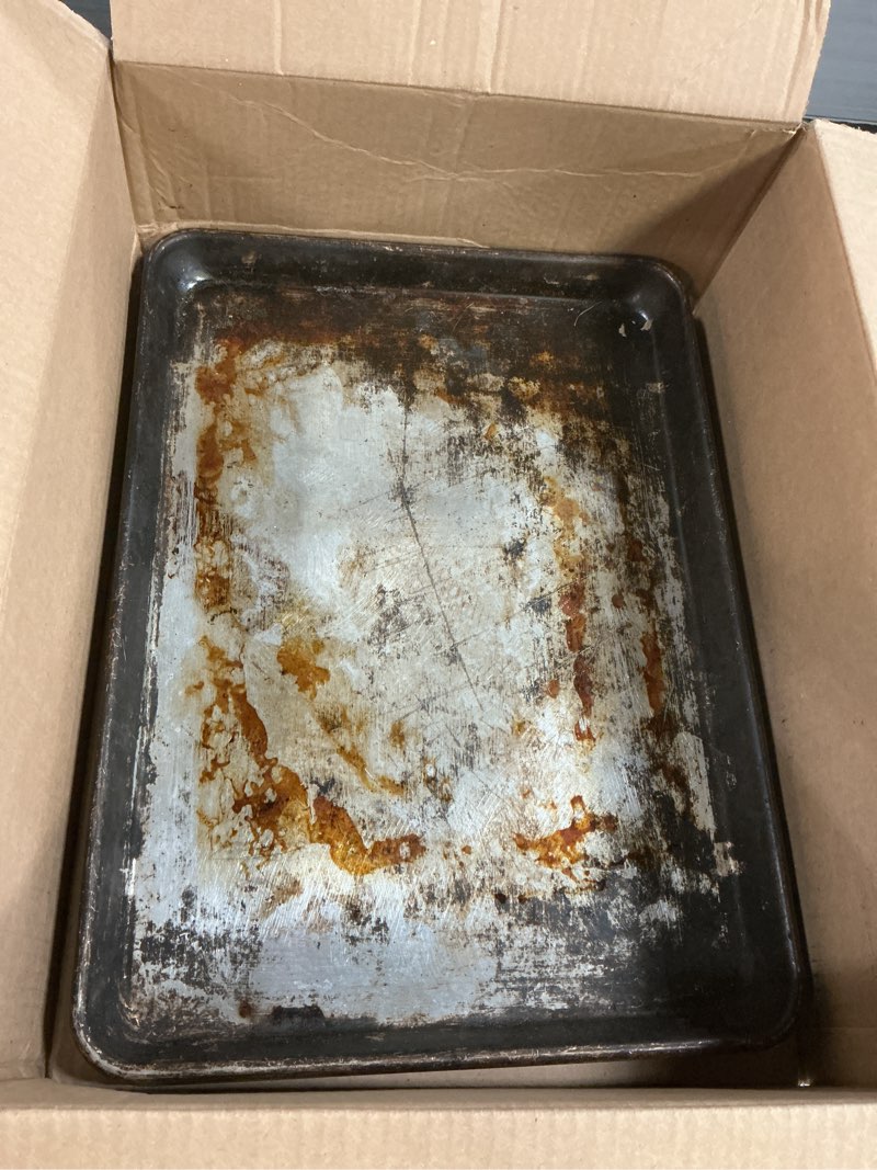 Condition photo showing As Is for Nordic Ware Naturals Half Sheet - USA Made Aluminum Commercial Quality Sheet Pan for Baking or Roasting, Encapsulated Galvanized Steel Rim Prevents Warping, 2-Pack 2pk Half Sheet