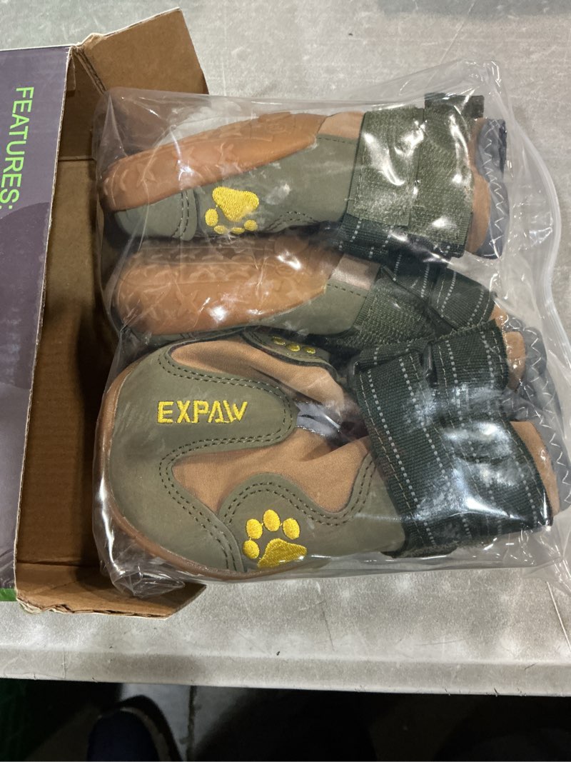 Condition photo showing New/Like New for expawlorer anti-slip dog shoes - 4pcs waterproof dog boots with reflective straps for outdoor hiking, dog paw protectors for hot pavement winter snow, non slip dog booties for small medium large dogs khaki size 8: 3.19"x3.03" (l*w) (pack of 4)
