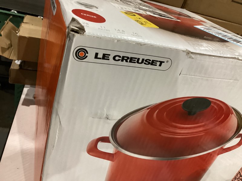 Condition photo showing New/Like New for Le Creuset Enamel on Steel Traditional Stockpot, 16 qt., Cerise with Stainless Steel Knob Cerise 16 Quarts
