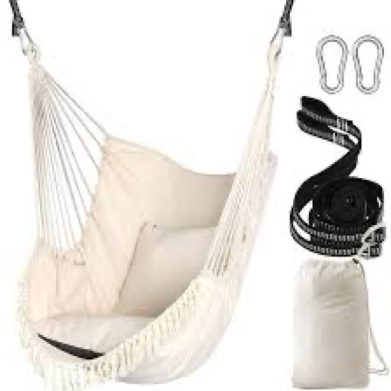 chihee hammock chair hanging swing 2 seat pillows included,strong webbing straps and hooks for easy hanging soft cotton weave hanging chair side pocket large tassel chair set comfort indoor outdoor