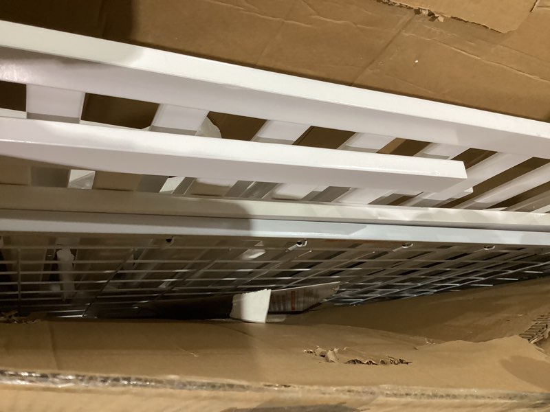 Condition photo showing As Is for dream on me odelle 5-in-1 convertible full-size baby crib in white, greenguard gold & jpma converts to toddler, day & full-size bed, sustainable pinewood, 3 mattress heights