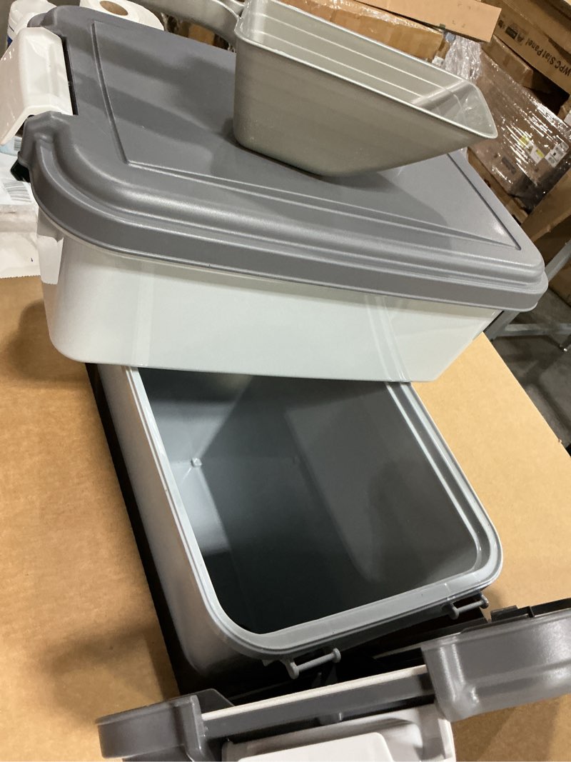 Condition photo showing As Is for IRIS USA Dog Food Storage Container, 30 lbs & 11 lbs Combo, Cat Food Storage Container, Dog Treat Container, Airtight, Stackable, 2-Cup Scoop, Wheels, Easy Mobility, Gray