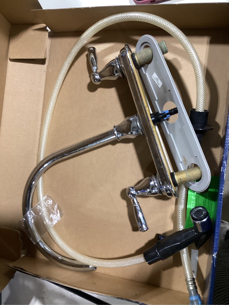 Condition photo showing New/Like New for project source brice polished chrome double handle deck-mount kitchen faucet (includes deck plate) (includes side sprayer)