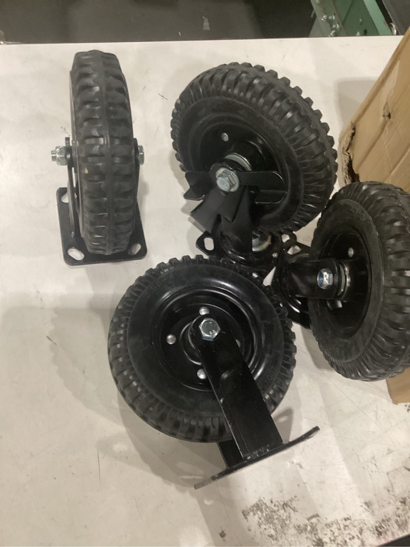 Condition photo showing Good Condition for (as is) 8 inch heavy duty caster wheels set of 4?2swivel brake & 2 fixed 2200lbs capacity, large solid rubber caster for outdoor, flat carts, dolly, workbench,trolley,wagon and chicken coop swivel brake+fixed,4pk 8in-black