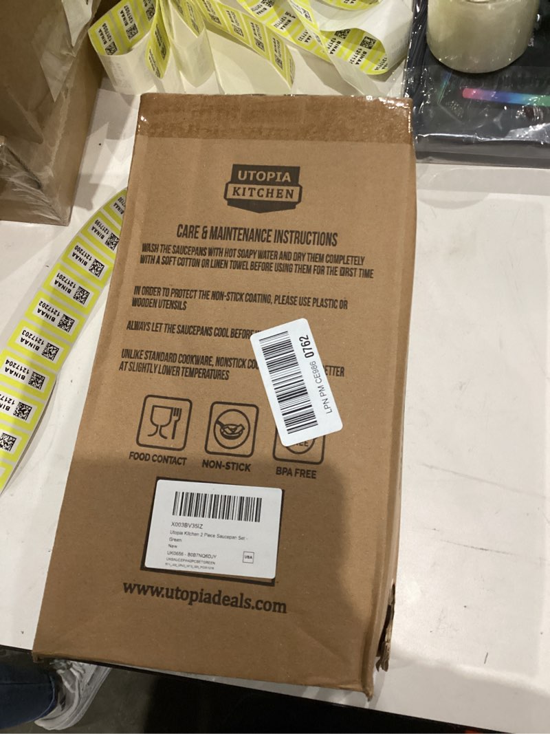 Condition photo showing New/Like New for Utopia Kitchen Nonstick Saucepan Set - 1 Quart and 2 Quart - Glass Lid - Multipurpose Use for Home Kitchen or Restaurant (Green-Black)