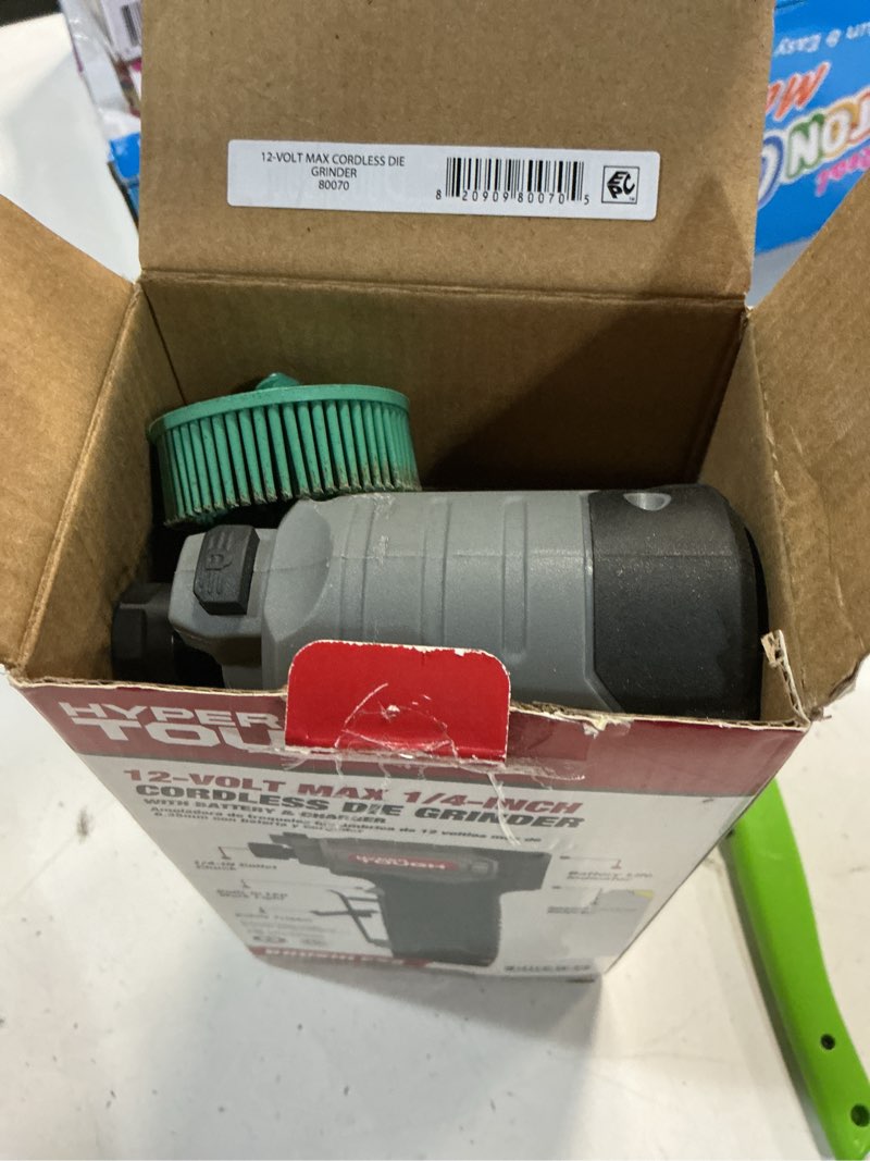 Condition photo showing As Is for hyper tough 12v max brushless 1/4-inch cordless die grinder with 1.5ah lithium-ion battery and charger