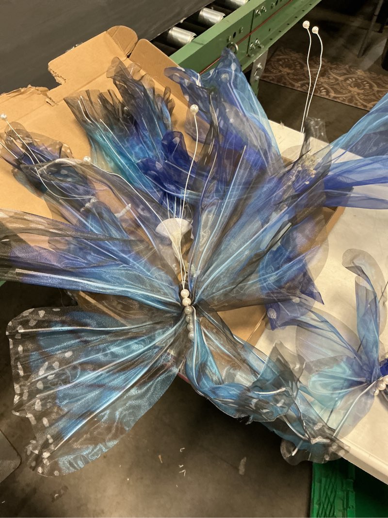 Condition photo showing As Is for 6 pcs big butterfly decorations, artificial large silk butterflies with adjustable stand mariposas para decorar for wedding, party, celebrations, store, bedroom, office (blue)