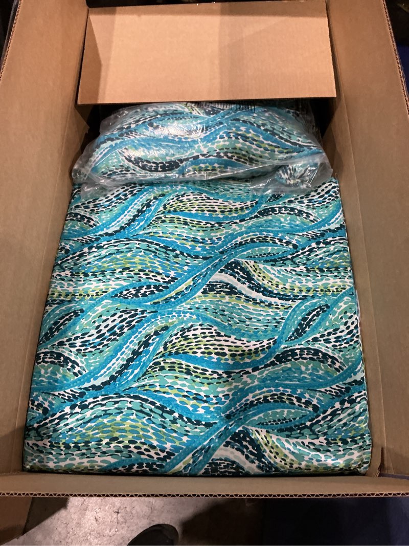 Condition photo showing As Is for arden outdoor deep seat cushion set (2-pack), 24 in x 24 in, weather-proof, rain-proof, fade resistant patio cushion for chair, sofa, and couch teal ariel polyfill teal ariel 2 pack