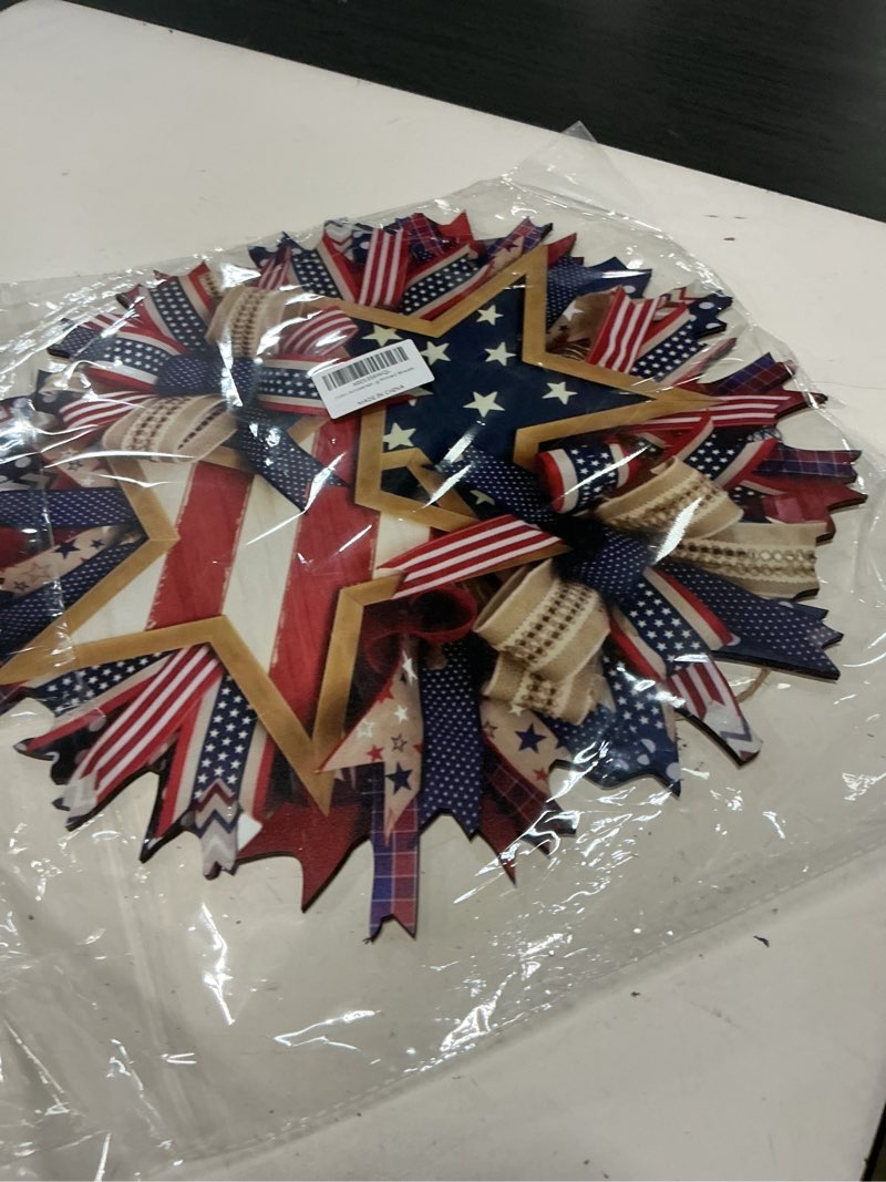 Condition photo showing New/Like New for 250th anniversary patriotic wreath, 15.7'' red white and blue wreath all-weather farmhouse outdoor holiday decoration, memorial wreath for front door, 4th of july garland for home wall porch