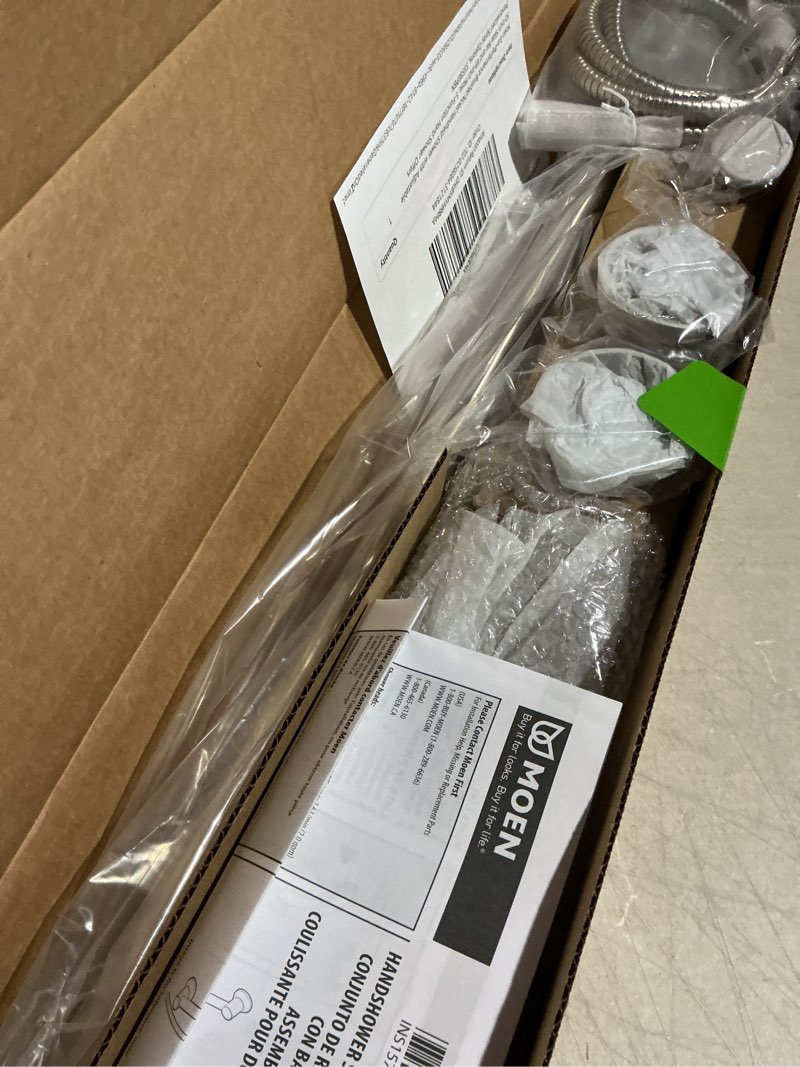 Condition photo showing As Is for moen brushed nickel eco-performance 5-function handheld removable shower head, adjustable 30-inch slide bar and 69-inch long hose, 3558epbn