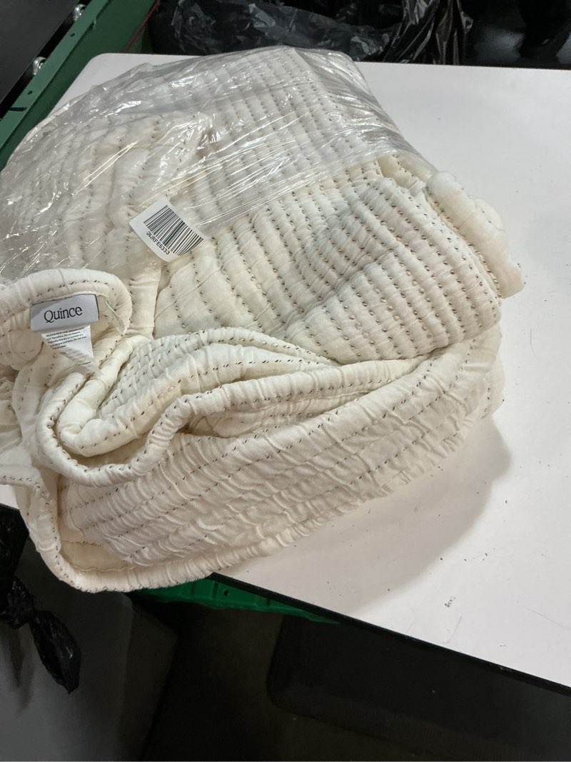 Condition photo showing As Is for quince organic cotton channel stitch coverlet undyed zise 108 in x 92 in 