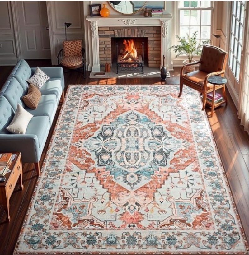 YJ.GWL Area Rugs for Living Room 8x10 Machine Washable Rugs, Non Slip Floral Vintage Rug Indoor Carp