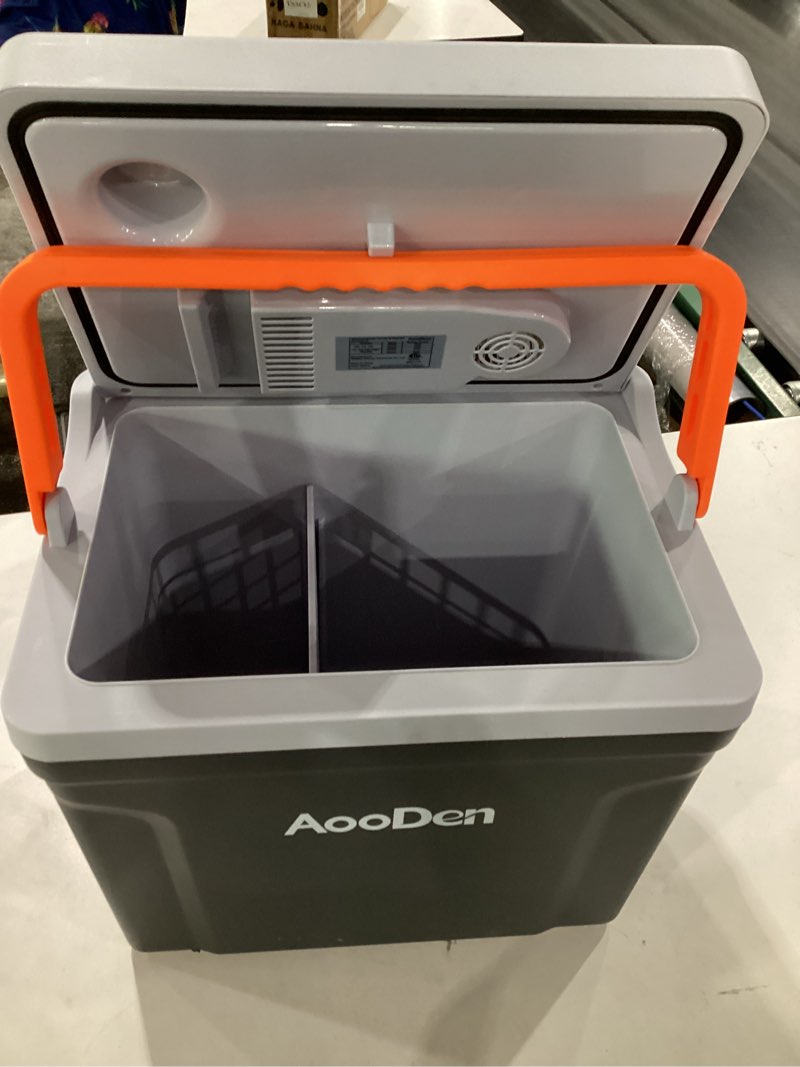 Condition photo showing As Is for *similar to stock* upgrade 27 quart (25liter) electric car cooler and warmer with new removable lid design, thermoelectric iceless cooler for travel, camping, vehicles, truck, home - 12v dc and 120v