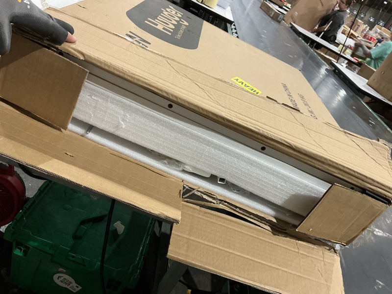 Condition photo showing As Is for huuger 55 x 28 large electric standing desk, height adjustable copmuter desk, 27.6" deep desktop, stand up gaming office table with 2 hooks, 3 preset heights, for home office, white 55*28 inch (no outlets) white