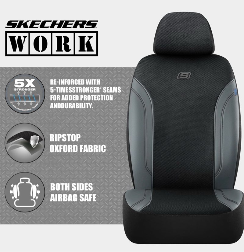 skechers car seat covers, work leather seat covers 5-times stronger built-in webbing, oxford fabric seat cover full sets, airbag compatible, automotive comfort for cars, trucks, suvs,grey black&grey full set