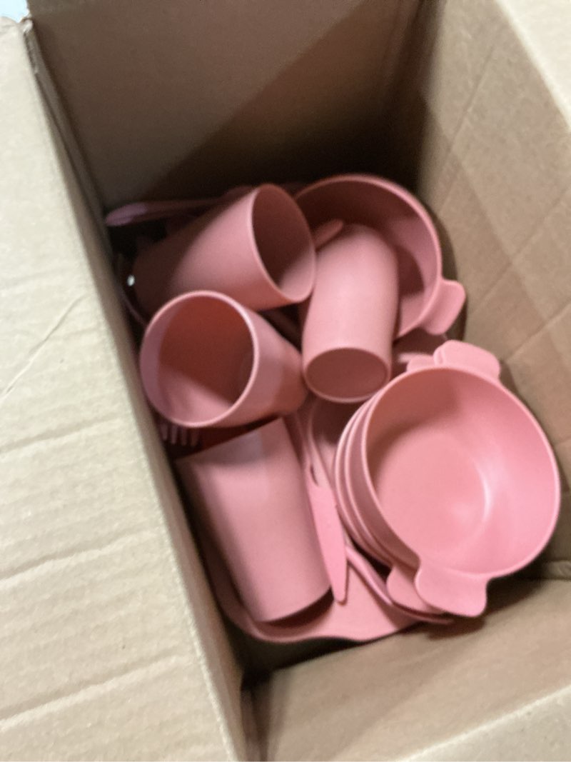 Condition photo showing Good Condition for 24 pcs wheat straw dinnerware cutlery set for aldult including divided plates microwave dishwasher safe bowl unbreakable tableware straw cutlery spoon knife fork(pink)