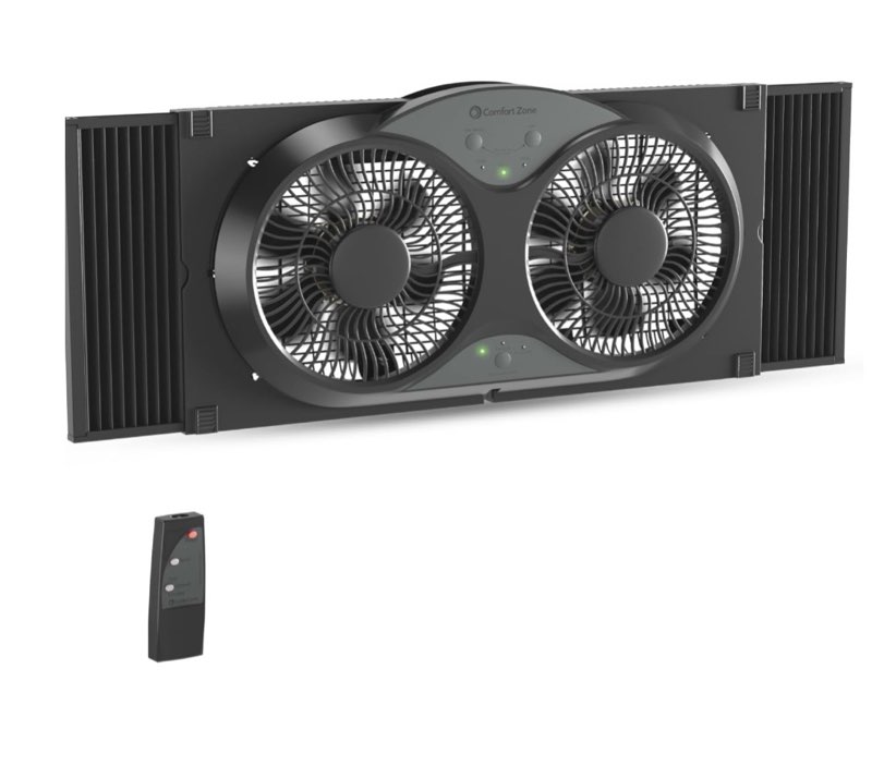 comfort zone 9-inch reversible twin window fan with remote control – 3-speed dual blade fan with exhaust, cooling & circulate modes, expandable width 23.5" to 37", removable bug screen & tabletop feet black 3-speed w/remote