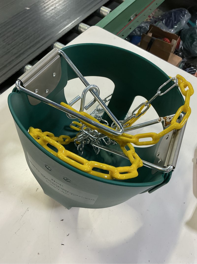 Condition photo showing As Is for high back full bucket toddler swing seat with yellow coated chains fully assembled baby swing set accessories green no cushion