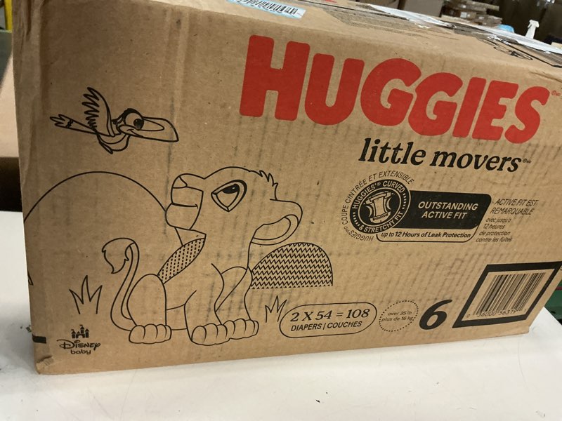 Condition photo showing New/Like New for huggies size 6 diapers, little movers baby diapers, size 6 (35+ lbs), 108 count (2 packs of 54), packaging may vary